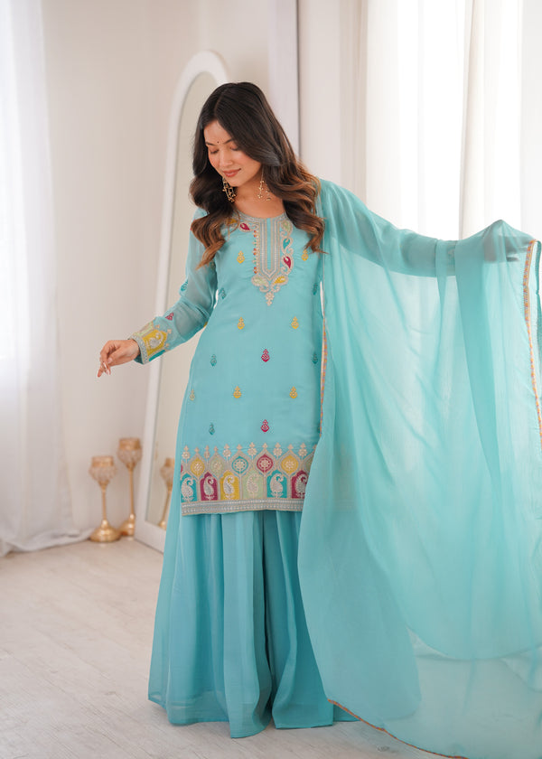 Crunchy Silk Embroidered Kurta-Sharara Set – Sky Blue