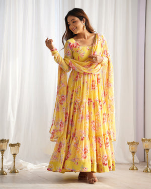 Georgette Printed Anarkali Set – Yellow