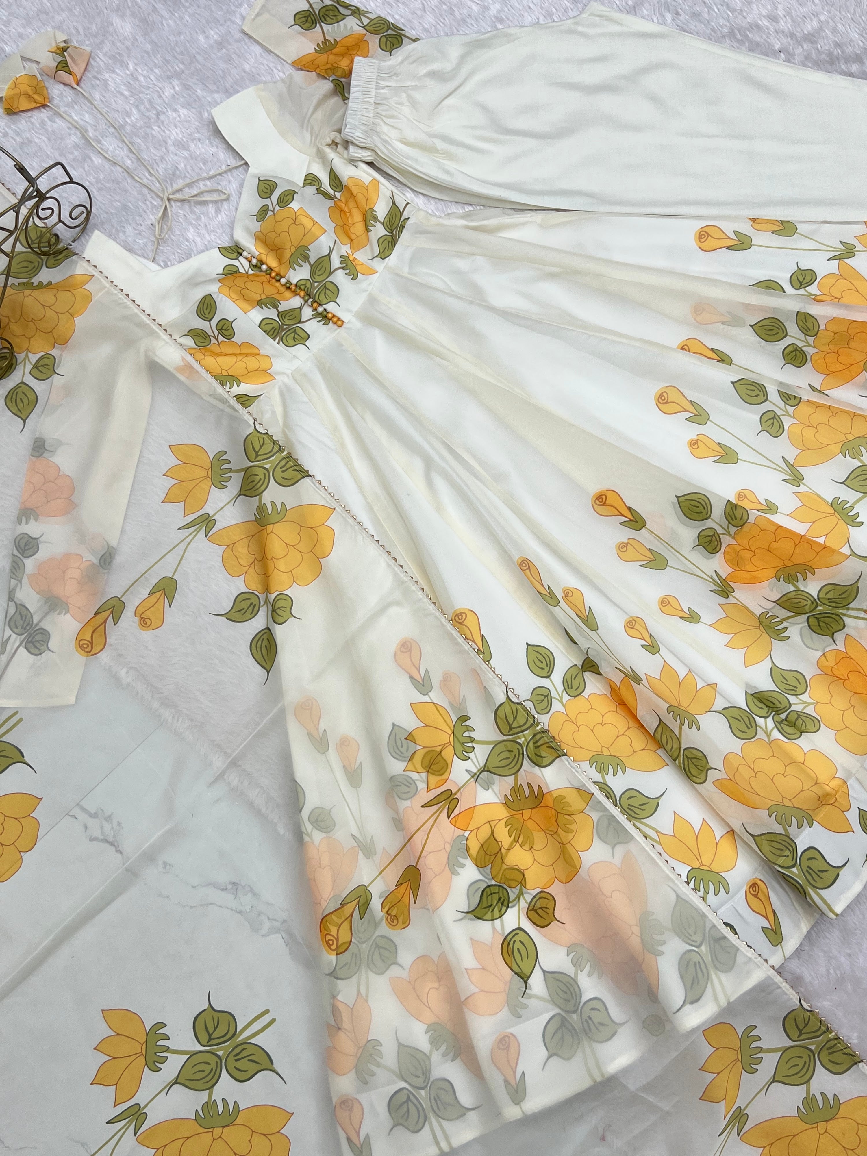 Organza Silk Printed Anarkali Set – Ivory Floral