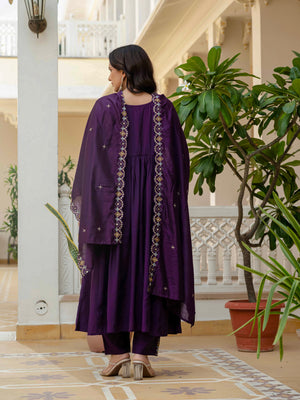 Viscose Roman Silk Embroidered Anarkali Kurti Set – Purple