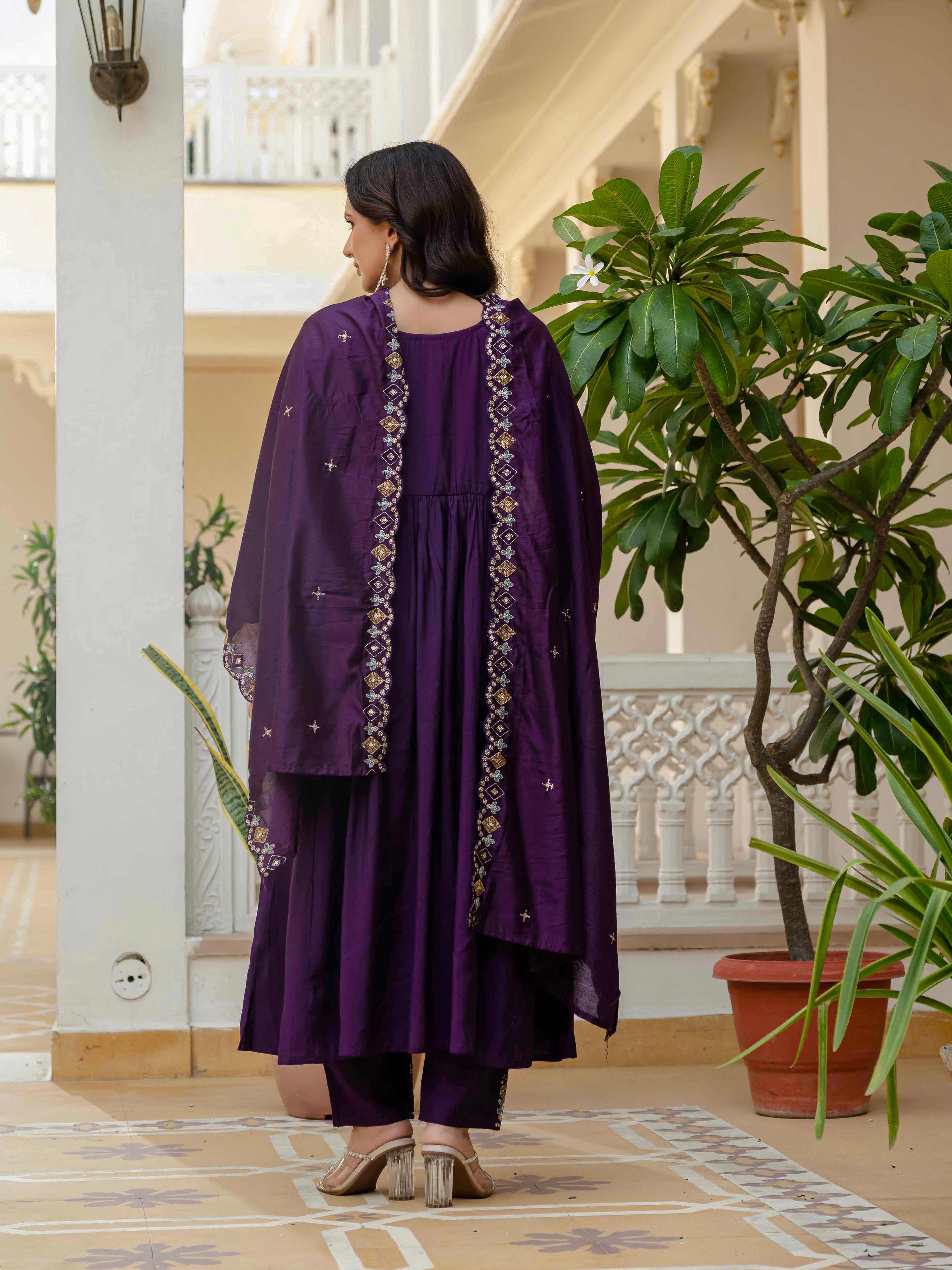 Viscose Roman Silk Embroidered Anarkali Kurti Set – Purple