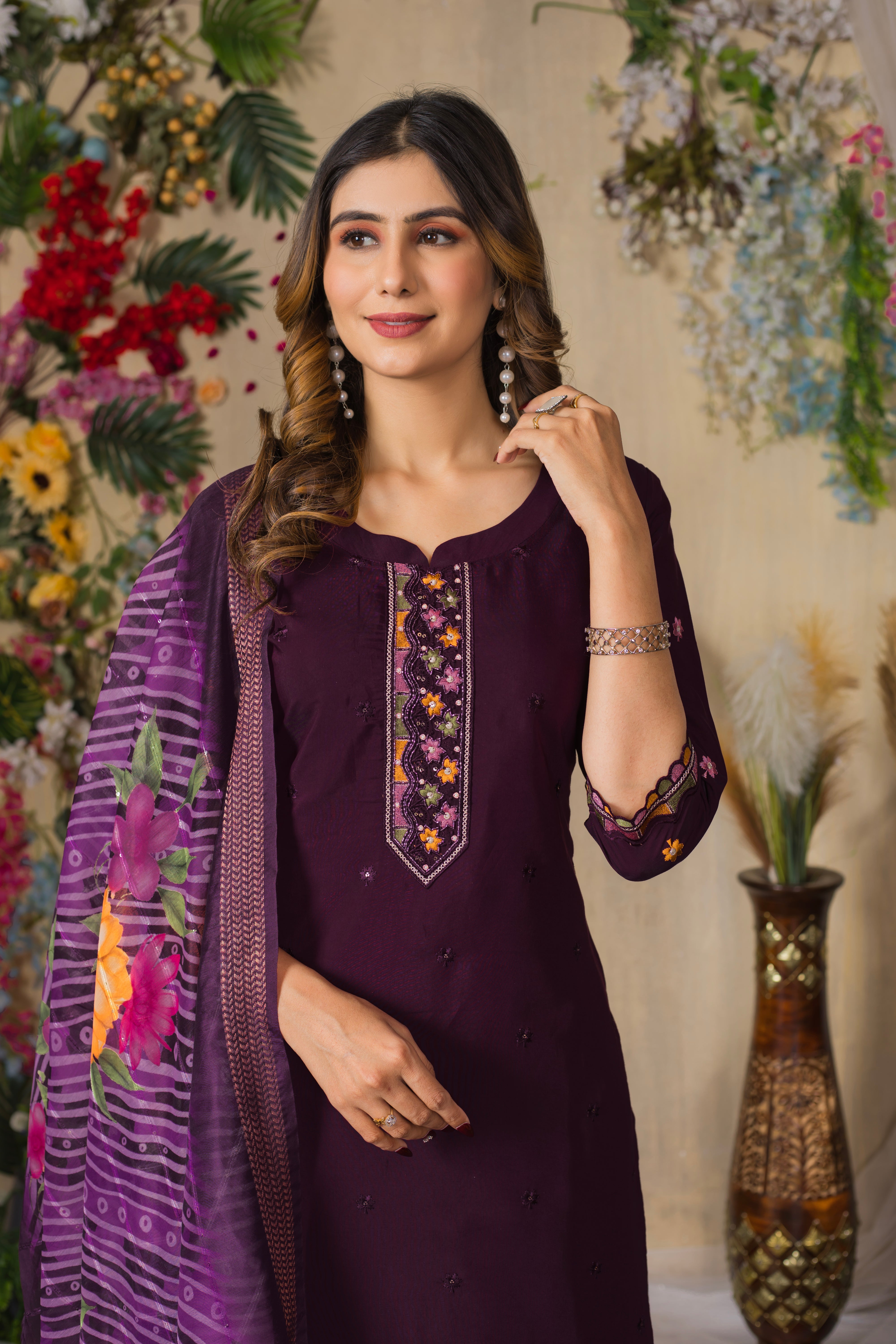 Roman Silk Embroidered Straight Kurti Set – Wine