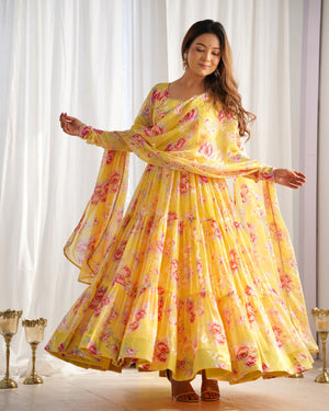 Georgette Printed Anarkali Set – Yellow
