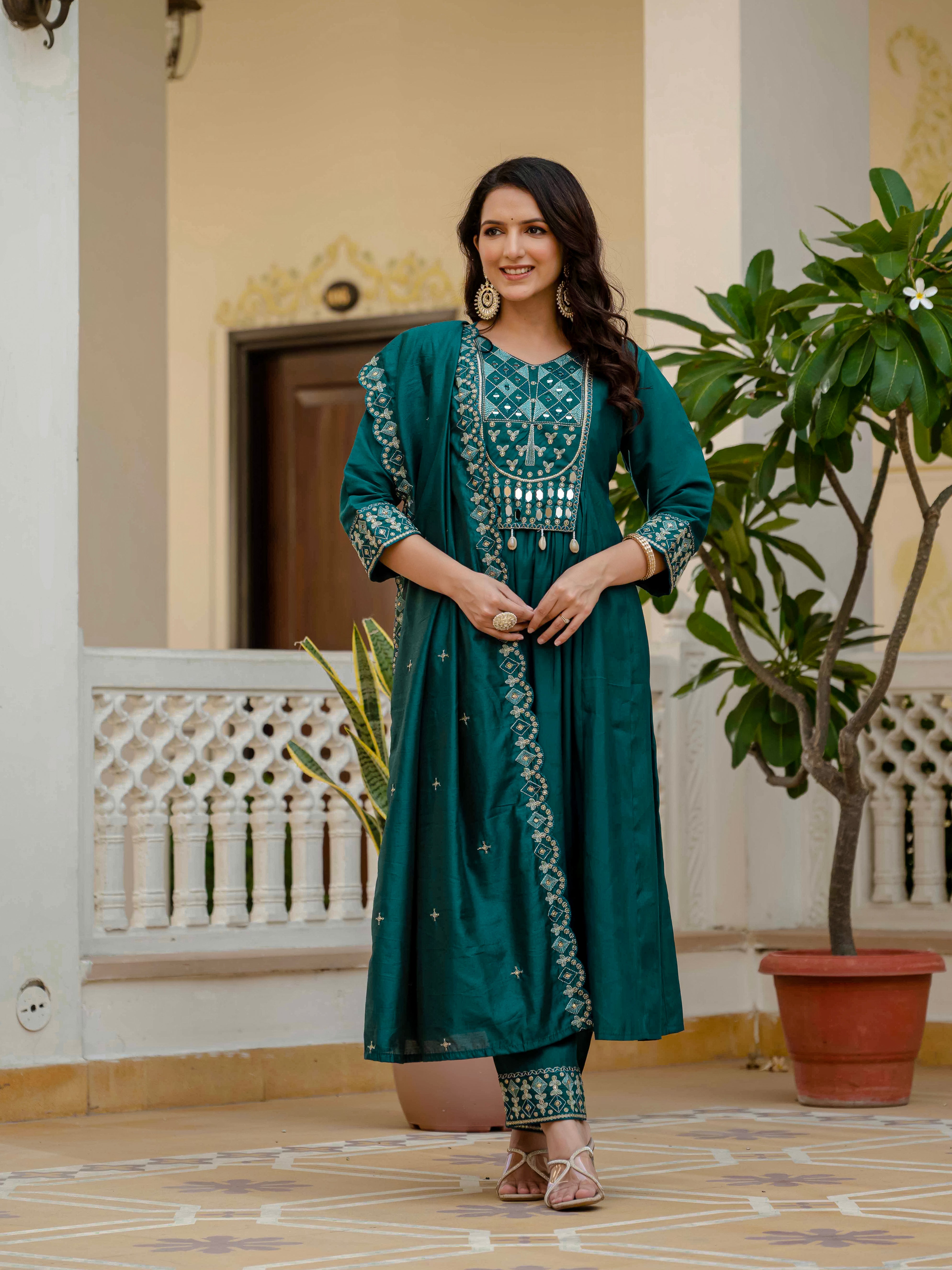 Viscose Roman Silk Embroidered Anarkali Kurti Set – Teal