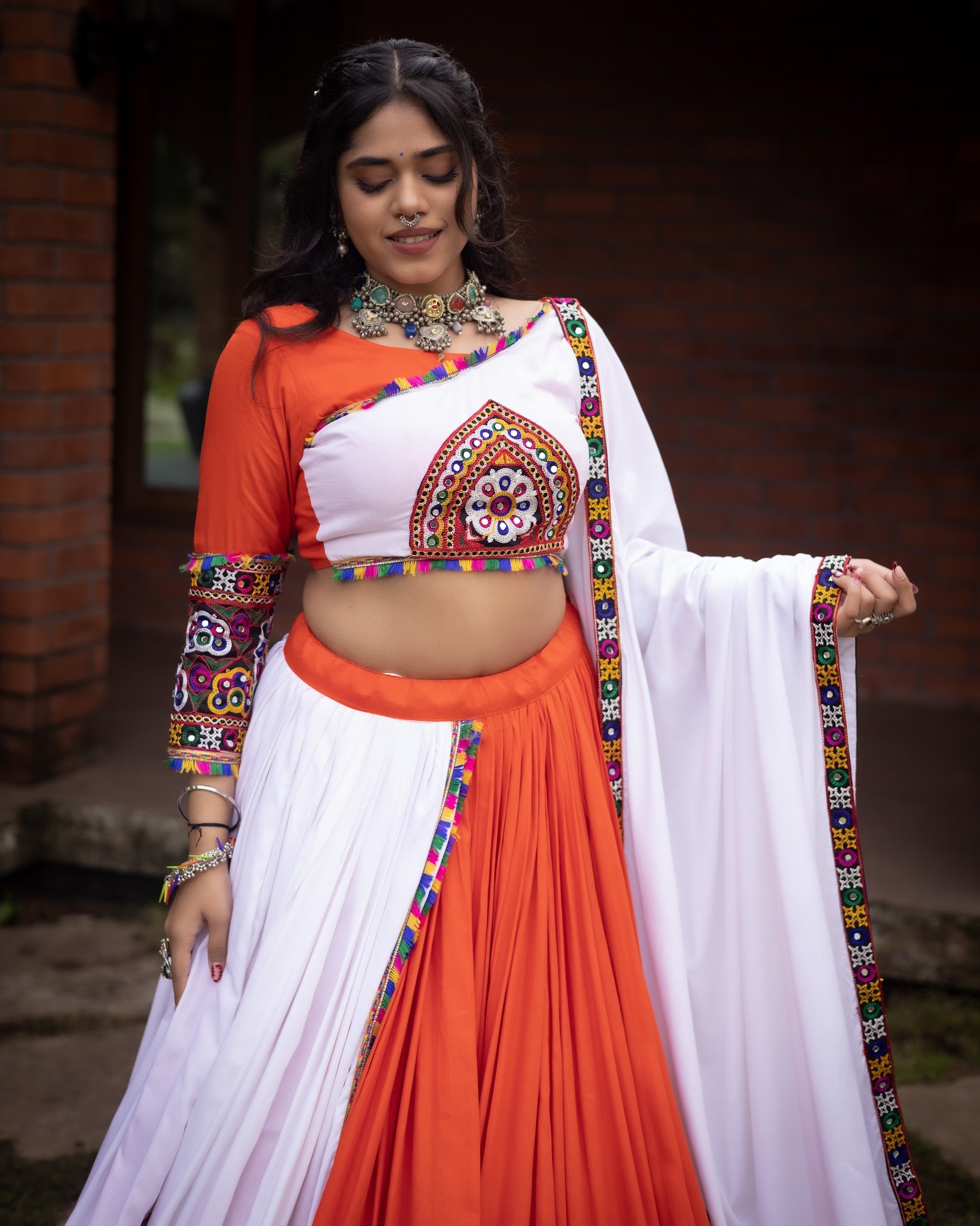 Navratri Orange White Arches Patch Work Lehenga Set