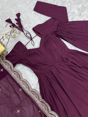 Roman Chanderi Silk Embroidered Anarkali Set – Wine