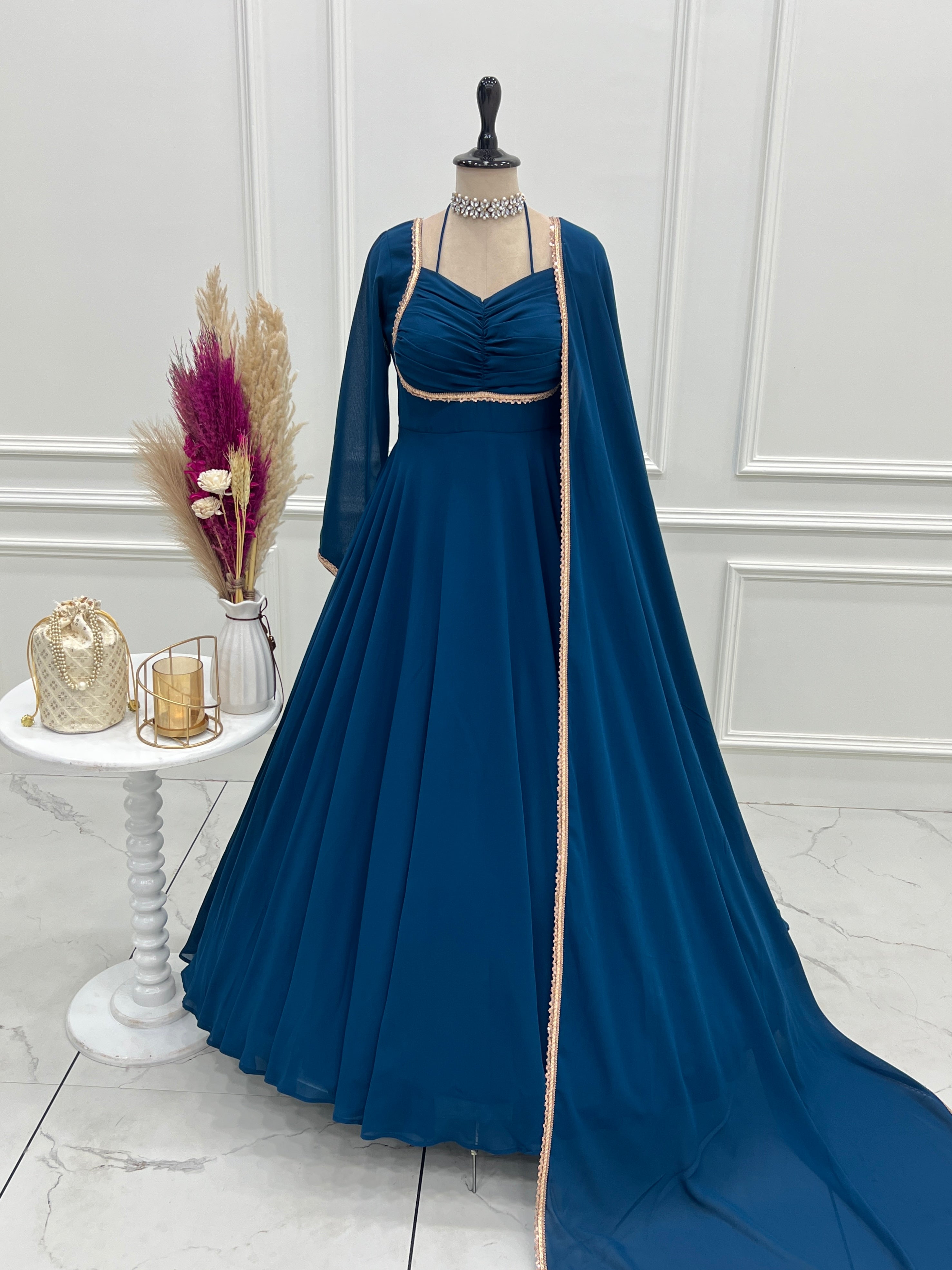 Georgette Embroidered Gown Set – Teal Blue
