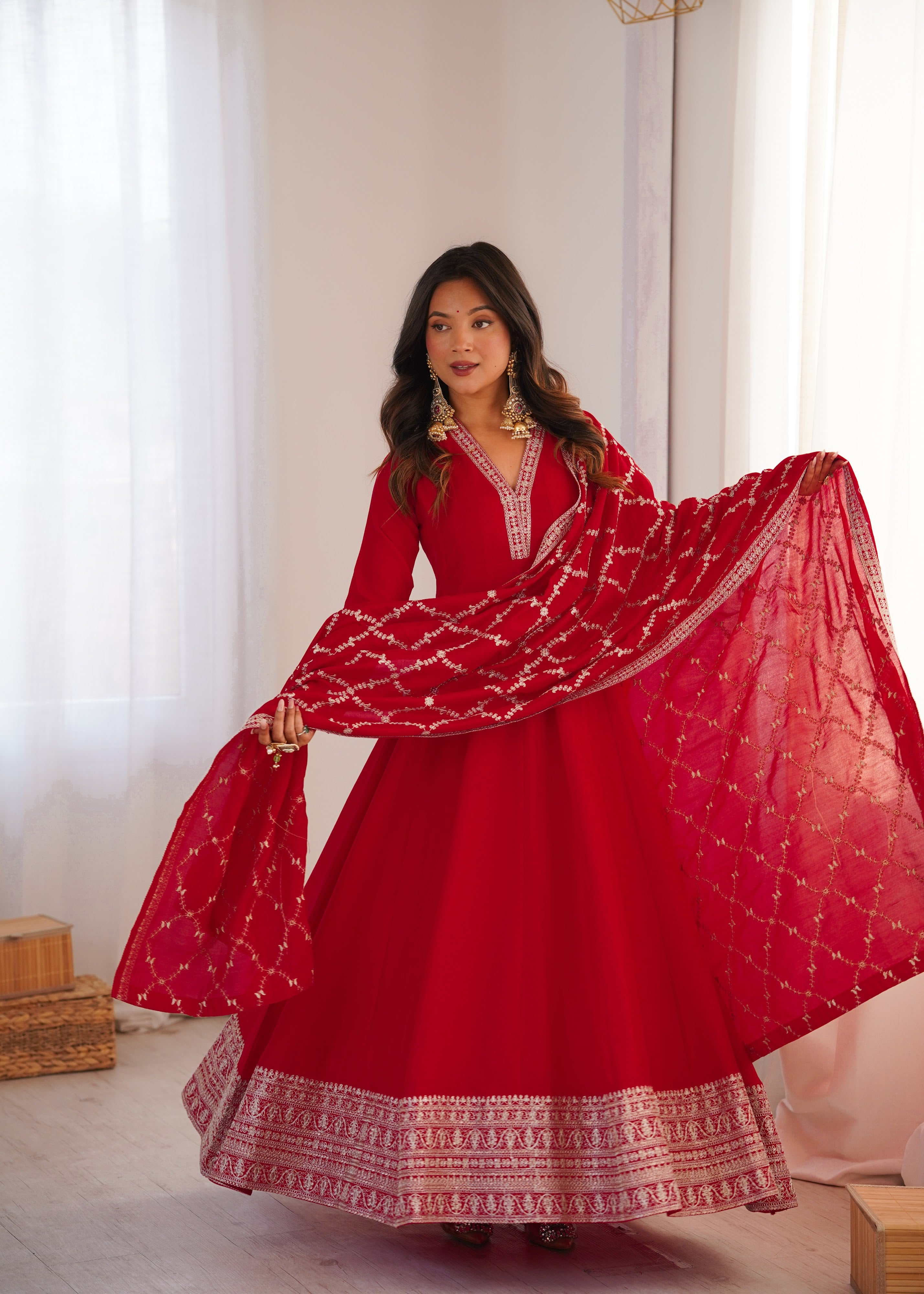 Vichitra Silk Embroidered Gown Set – Red