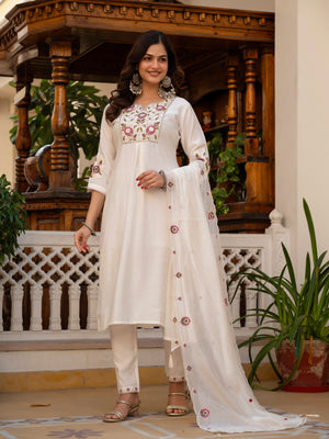 Pure Viscose Mango Silk Embroidered Straight Kurti Set – White