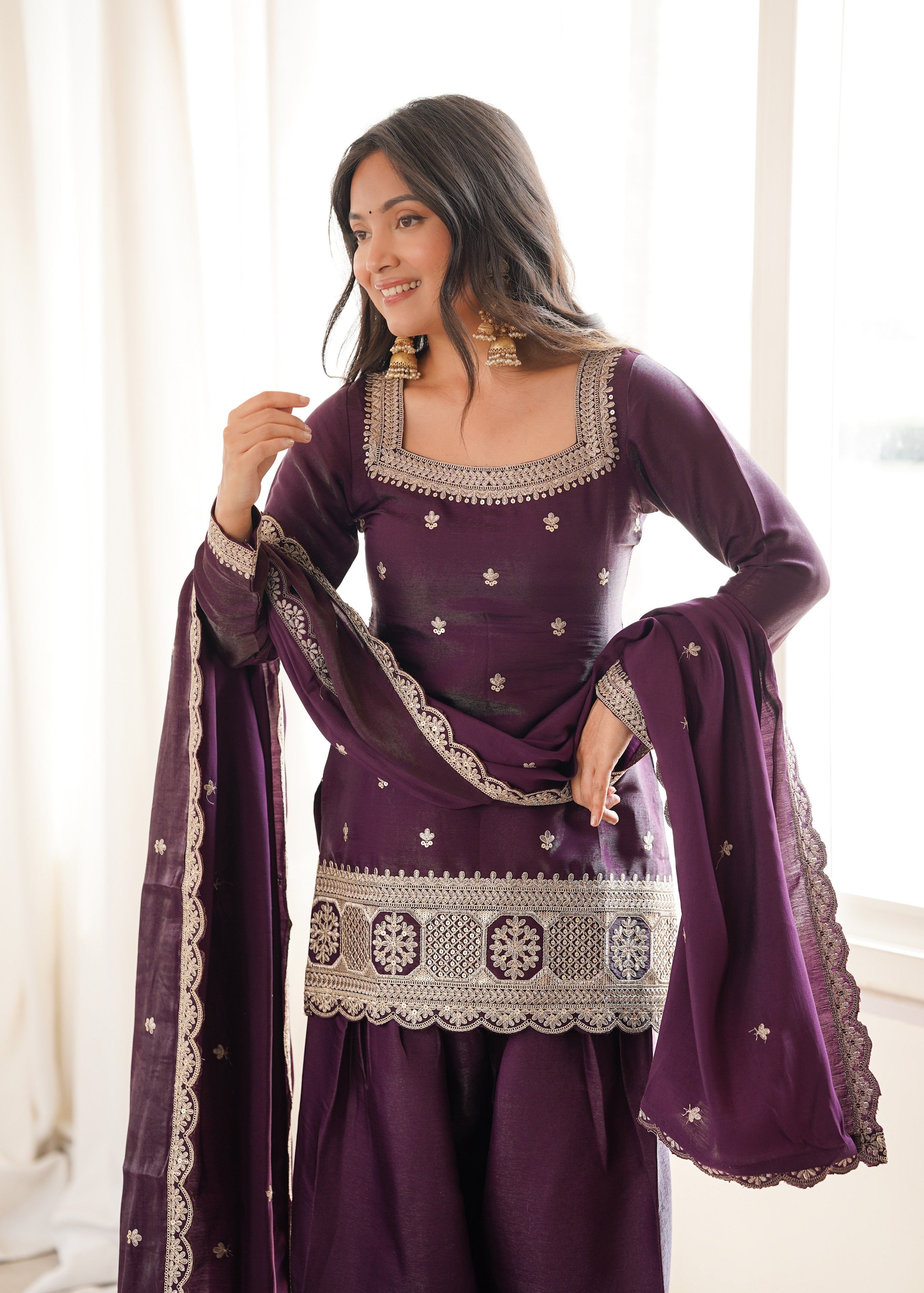 Glass Roman Silk Embroidered Kurta-Farshi Set – Purple
