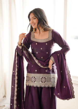Glass Roman Silk Embroidered Kurta-Farshi Set – Purple