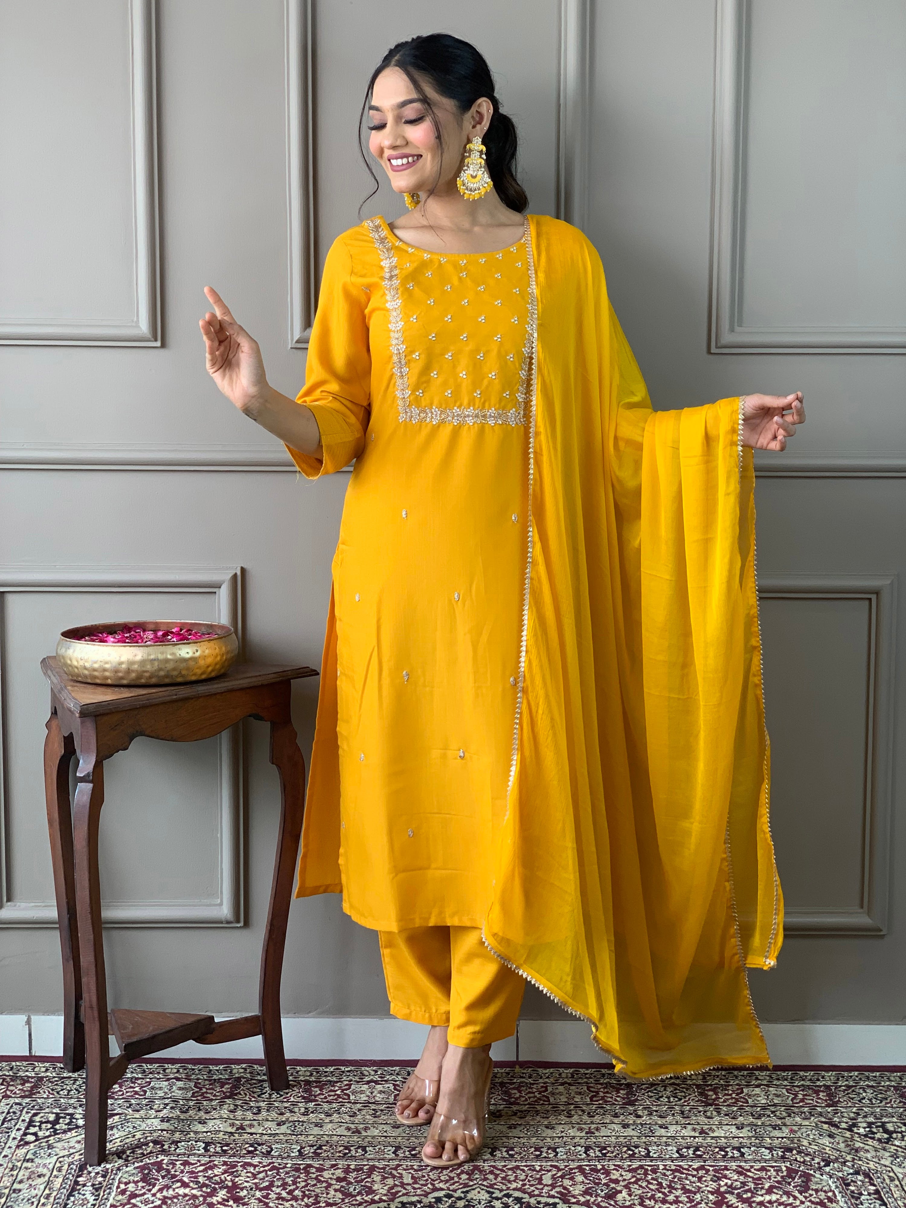 Rayon Slub Embroidered Kurta Pant Dupatta Set – Yellow