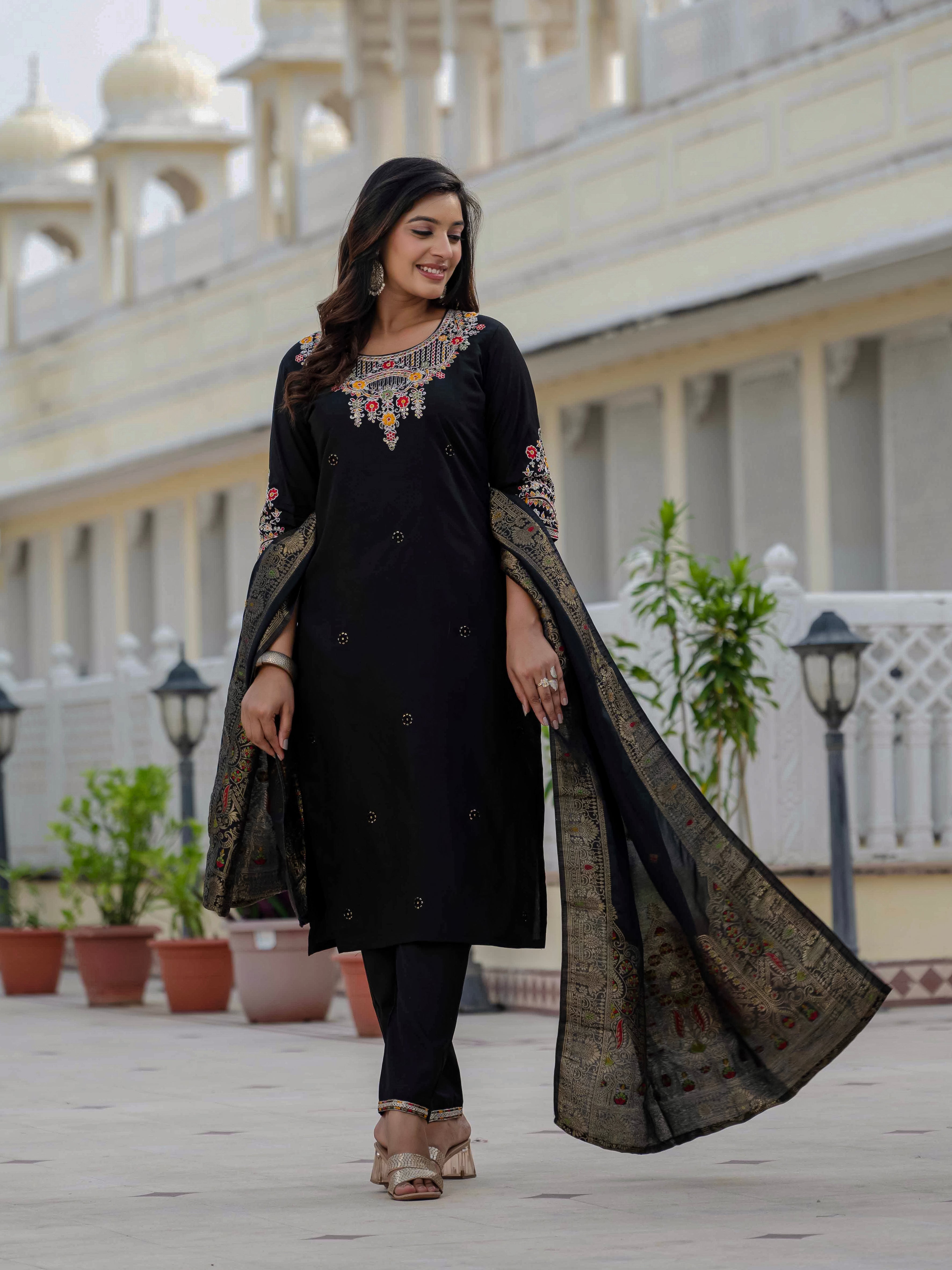 Premium Roman Silk Embroidered Straight Kurti Set – Black