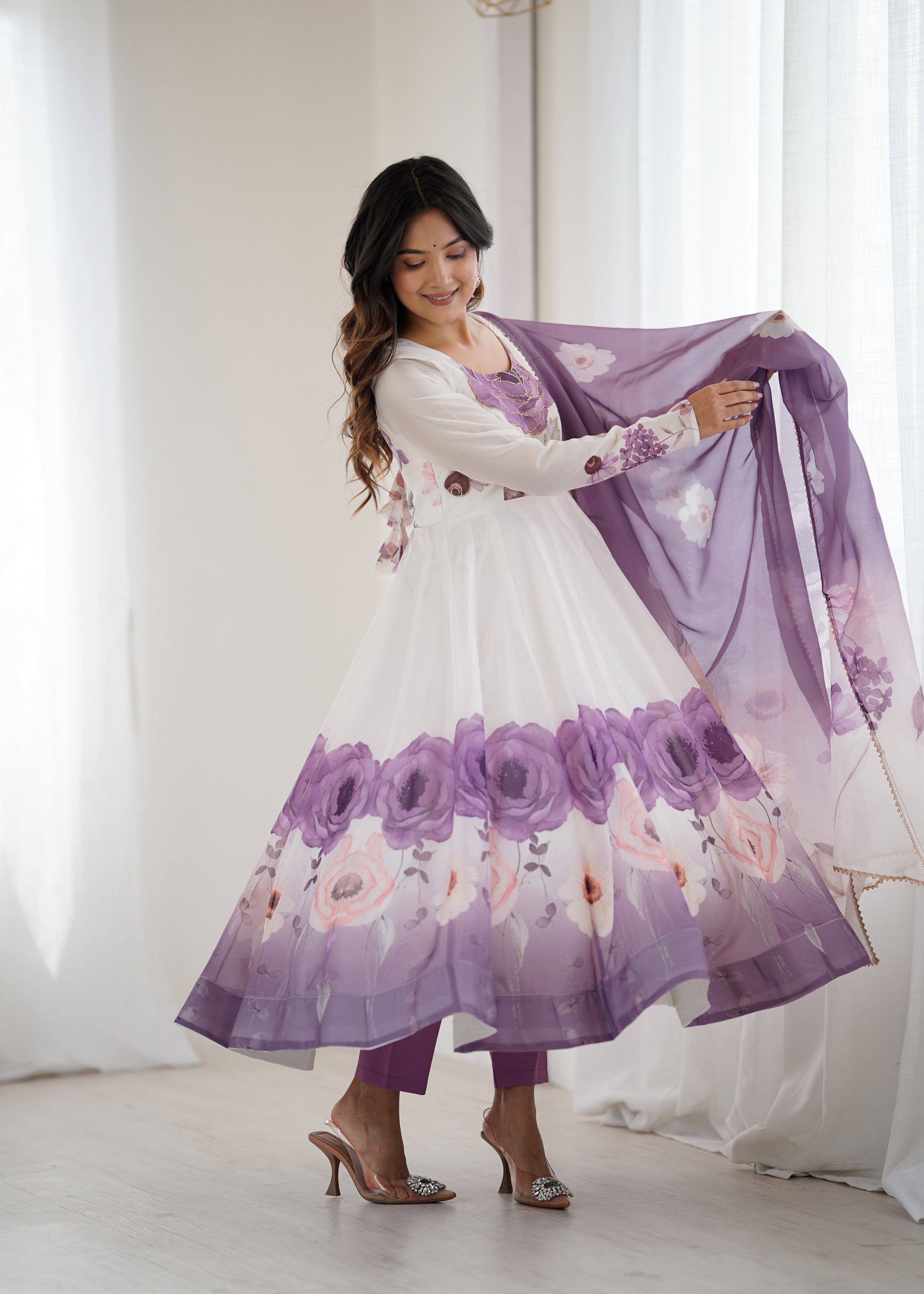 Organza Silk Printed Anarkali Set – Lilac Floral