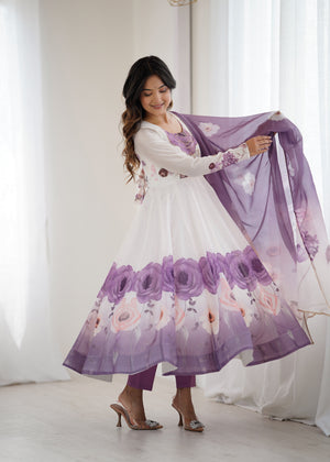 Organza Silk Printed Anarkali Set – Lilac Floral