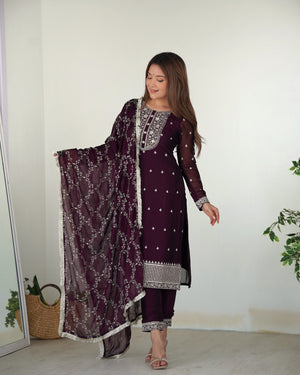 Rangoli Silk Embroidered Straight Kurta Set – Wine