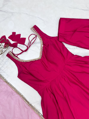 Roman Chanderi Silk Embroidered Anarkali Set – Rani Pink