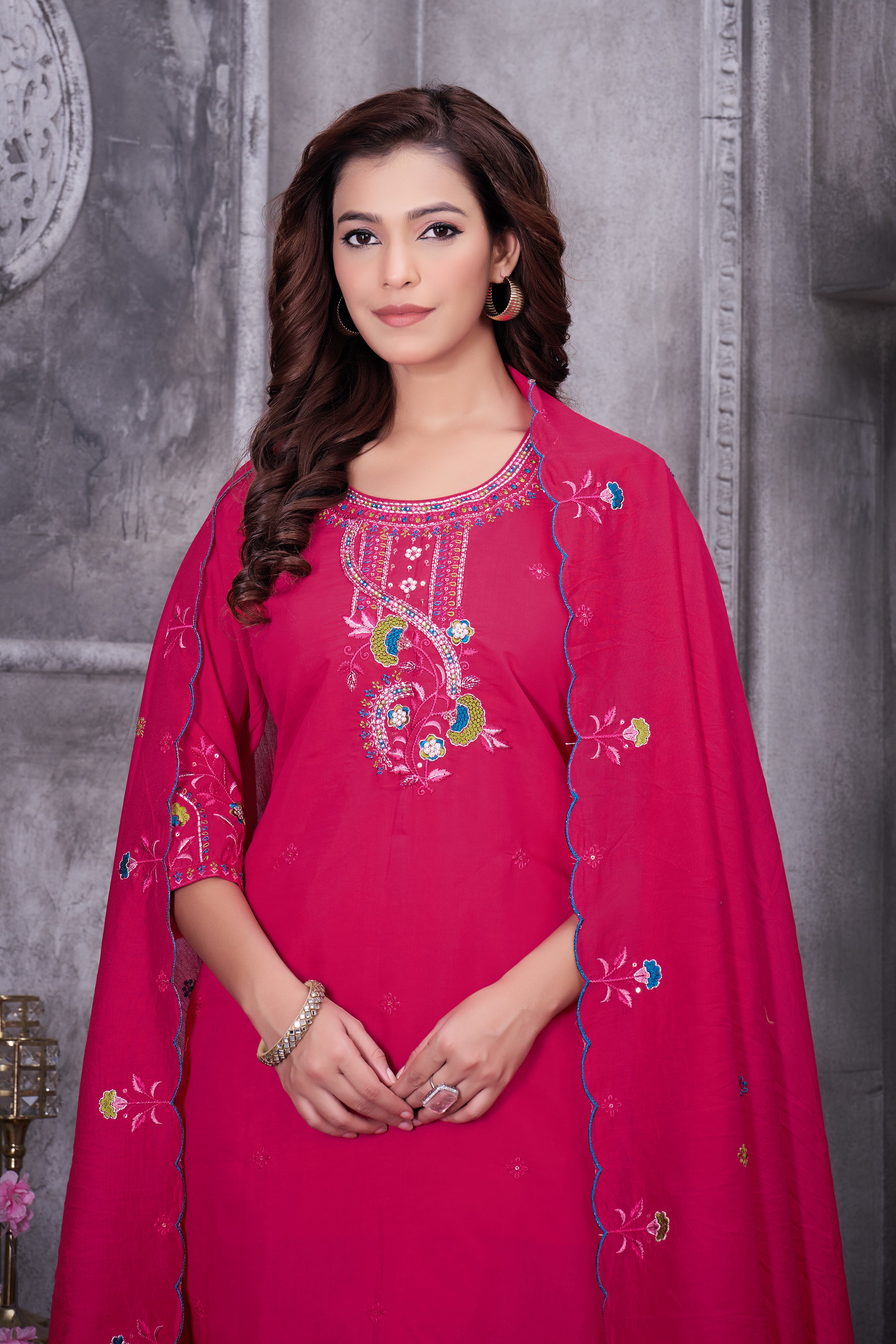 Roman Silk Embroidered Straight Kurti Set – Red