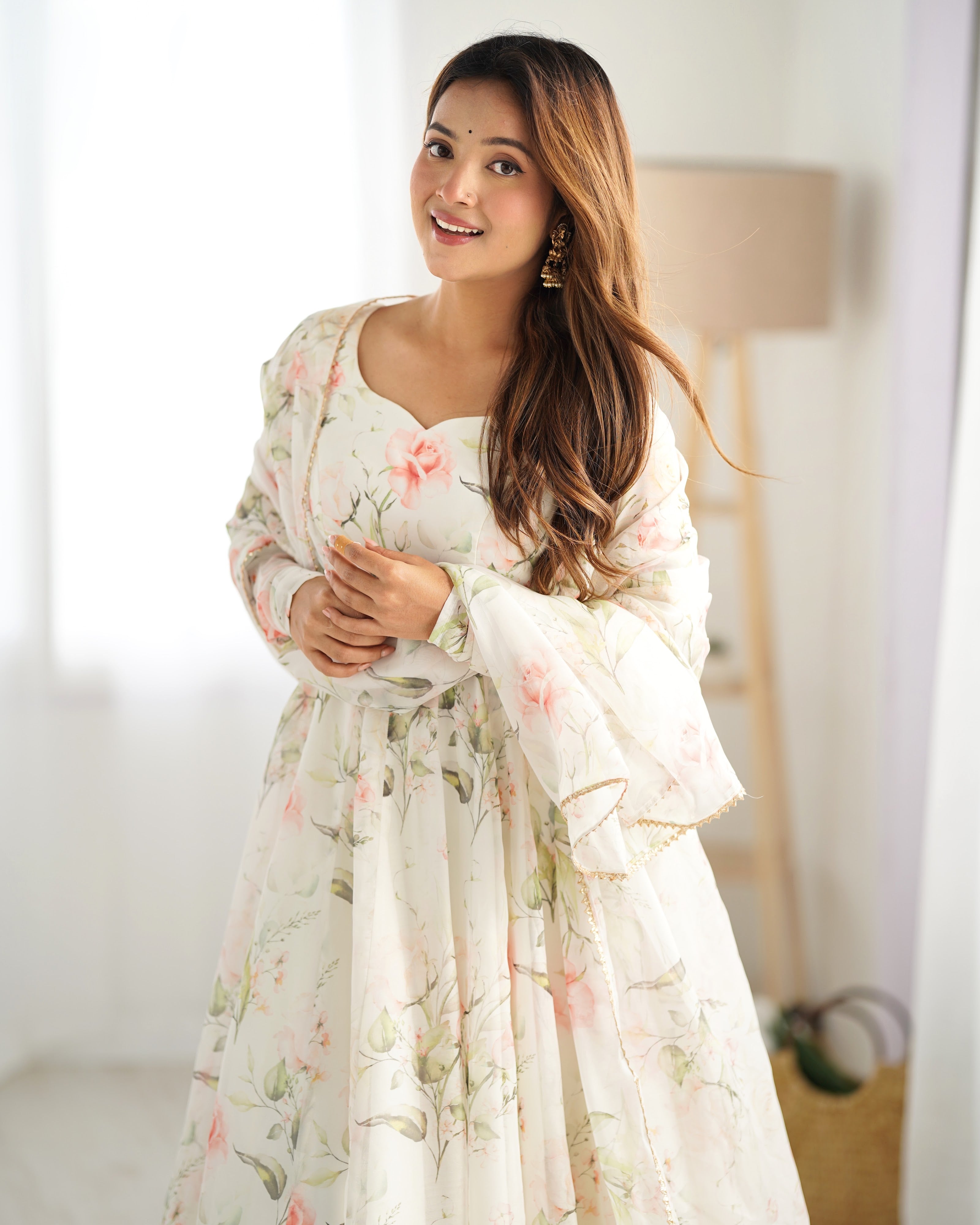 Organza Silk Printed Anarkali Set – Off White