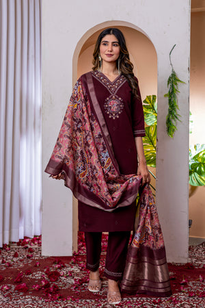 Marina Viscose Silk Embroidered Straight Kurti Set – Wine