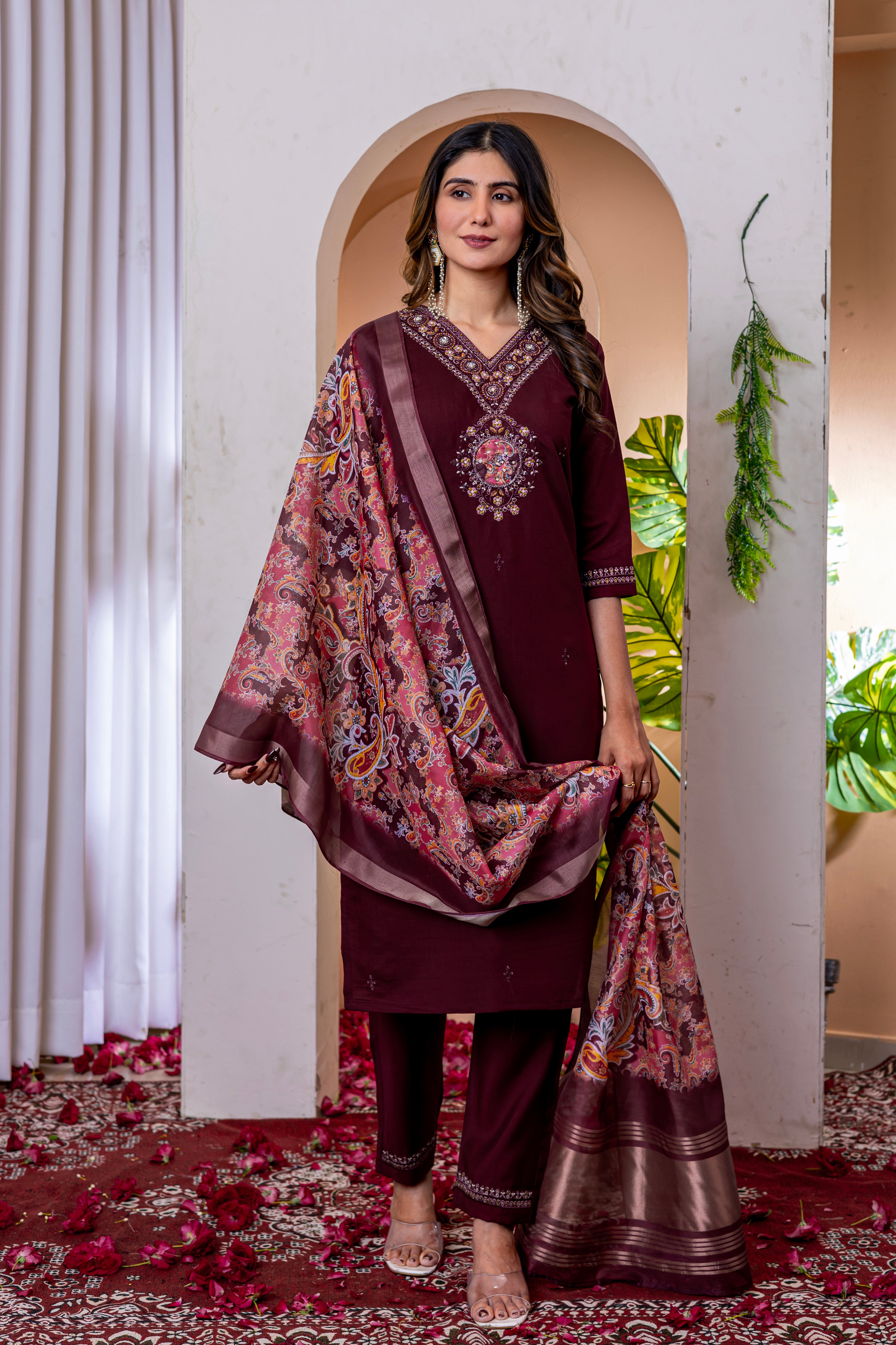 Marina Viscose Silk Embroidered Straight Kurti Set – Wine