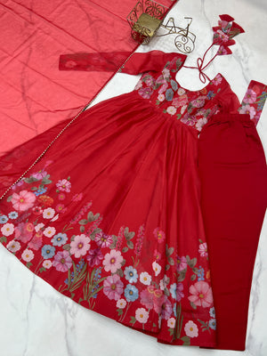 Organza Silk Printed Anarkali Set – Red