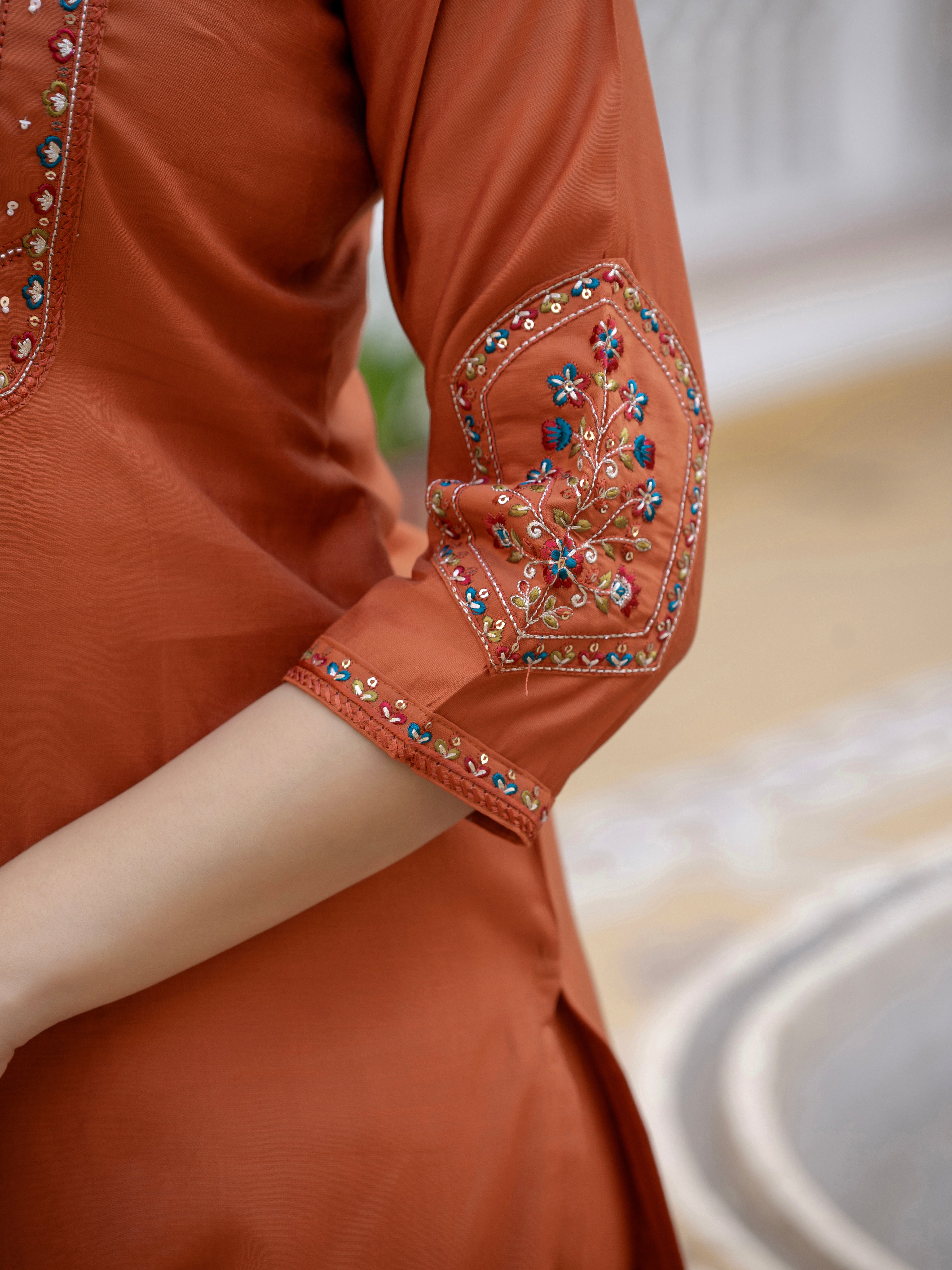 Pure Viscose Mango Silk Embroidered Straight Kurti Set – Rust