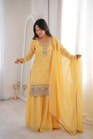 Crunchy Silk Embroidered Kurta-Sharara Set – Yellow