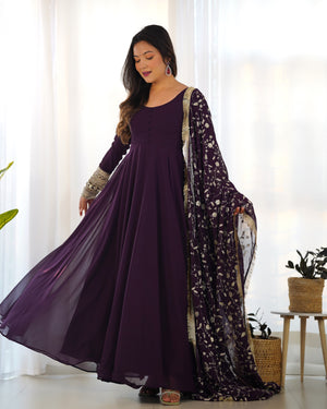 Georgette Embroidered Gown Set – Wine