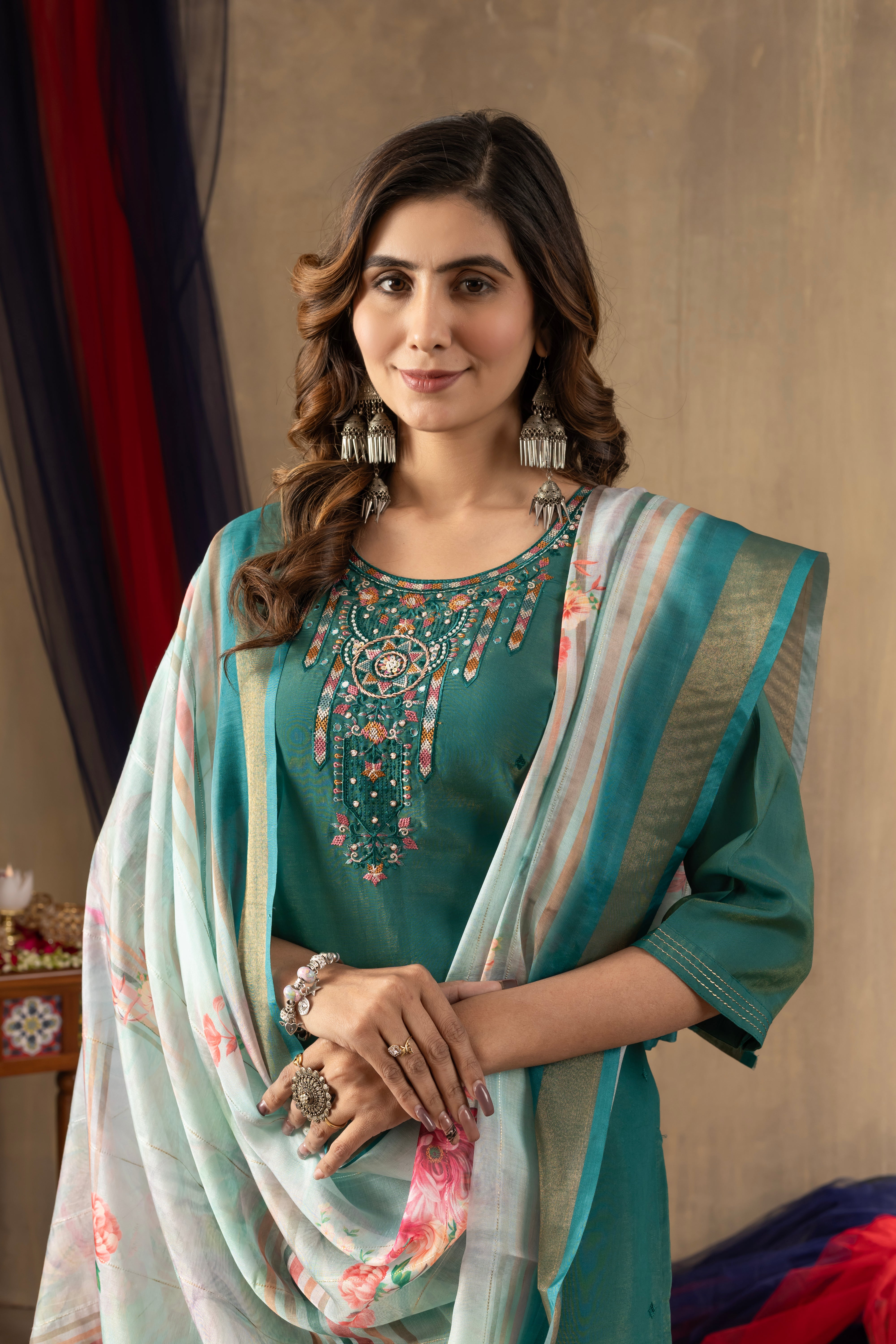 Shimmer Gold Silk Embroidered Straight Kurti Set – Rama Green