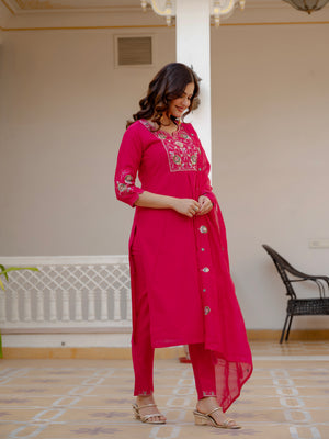 Pure Viscose Mango Silk Embroidered Straight Kurti Set – Pink