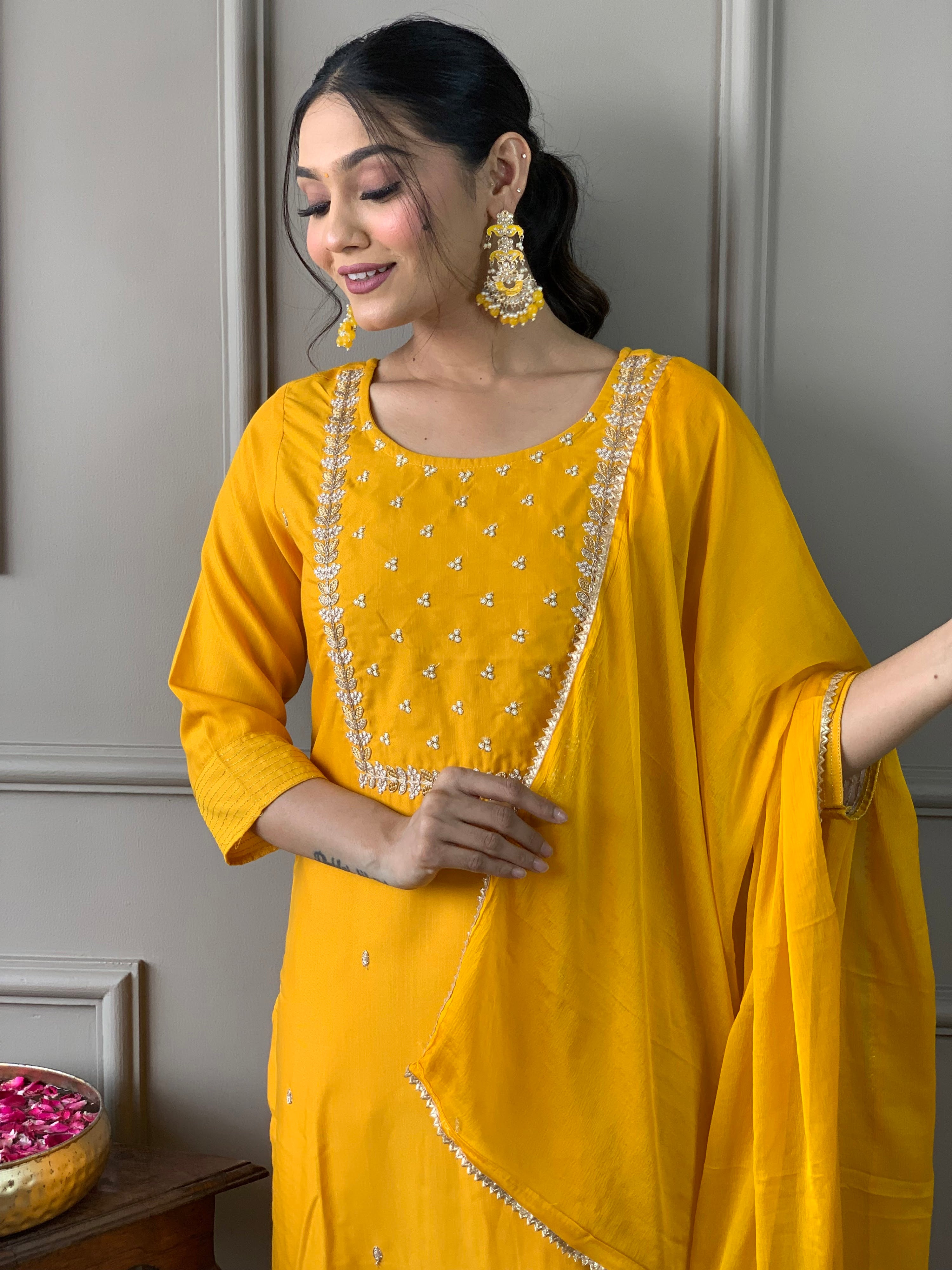 Rayon Slub Embroidered Kurta Pant Dupatta Set – Yellow