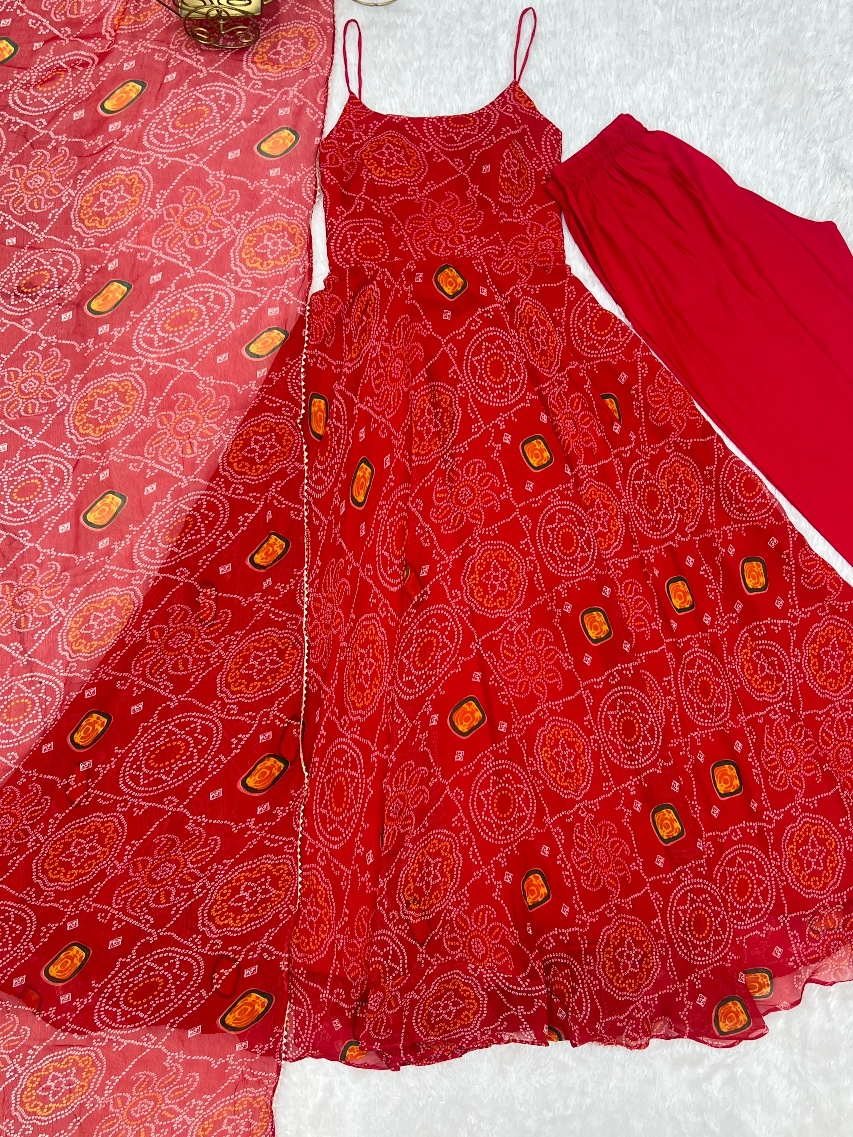 Soft Lightweight Chiffon Bandhej Embroidered Gown Set – Red