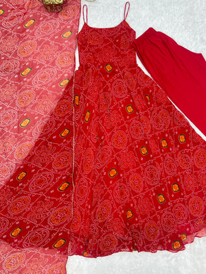 Soft Lightweight Chiffon Bandhej Embroidered Gown Set – Red