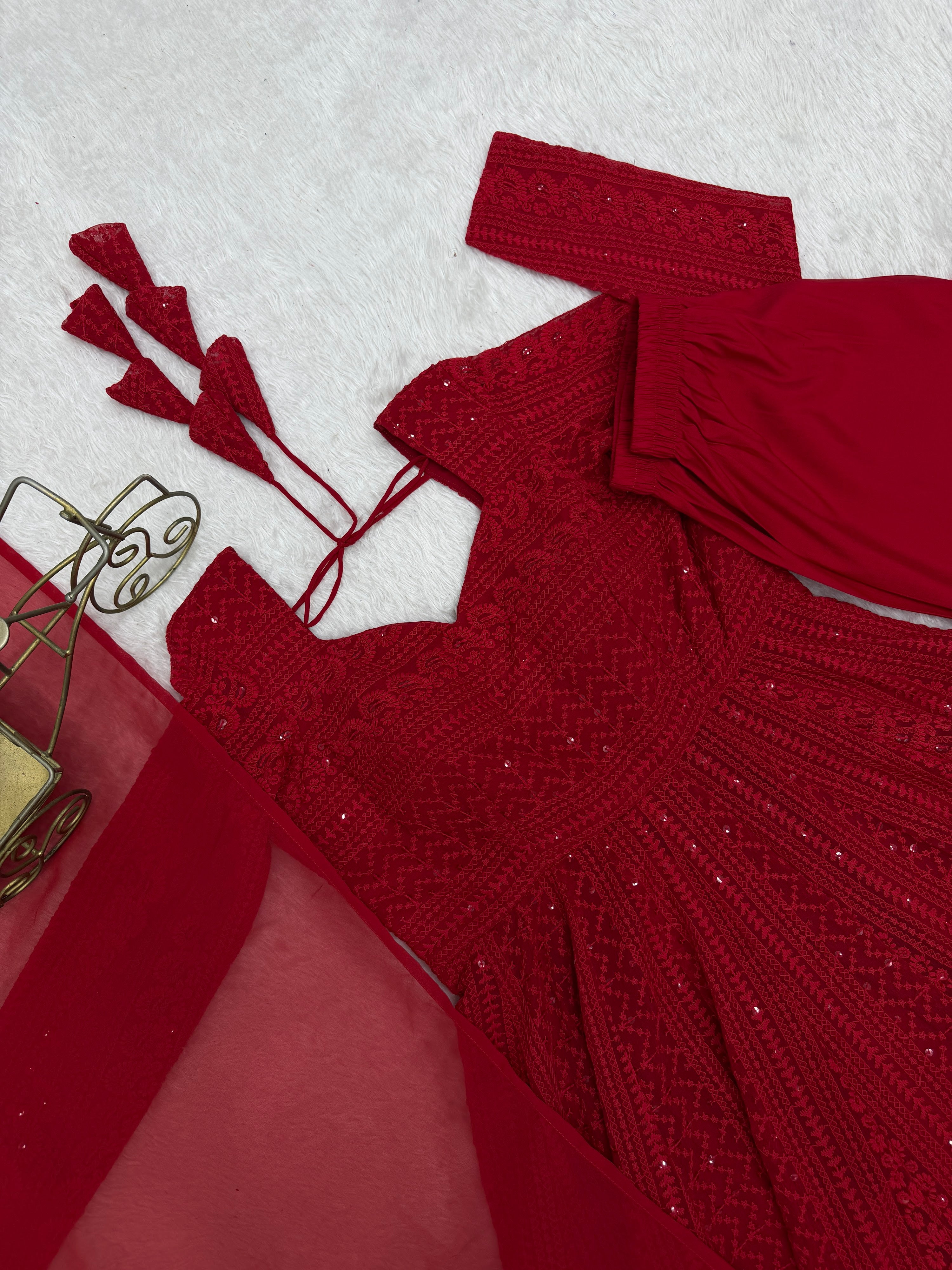 Georgette Embroidered Anarkali Set – Red