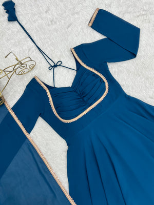 Georgette Embroidered Gown Set – Teal Blue