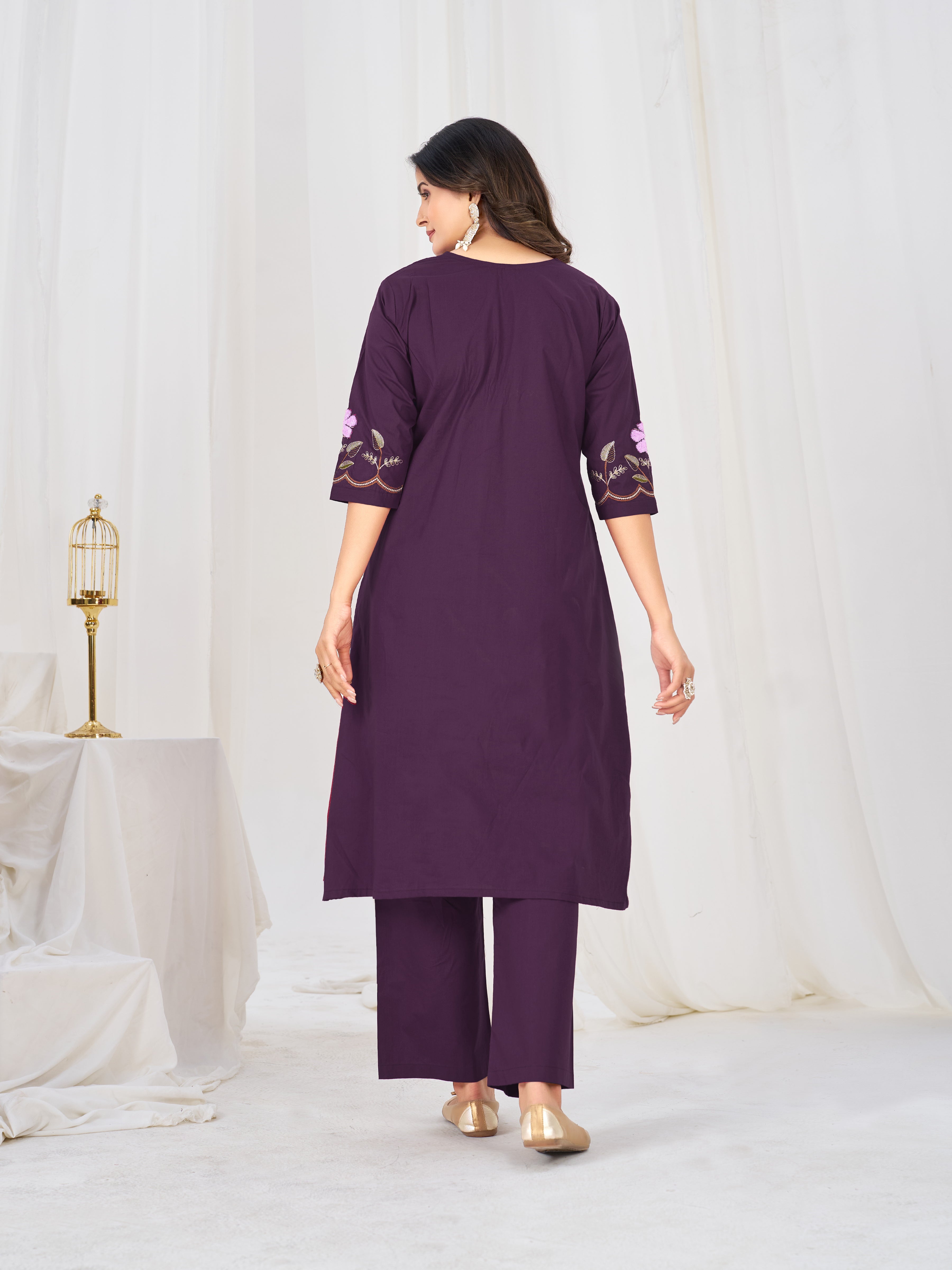 Pure Cotton Embroidered Anarkali Kurti Set – Purple