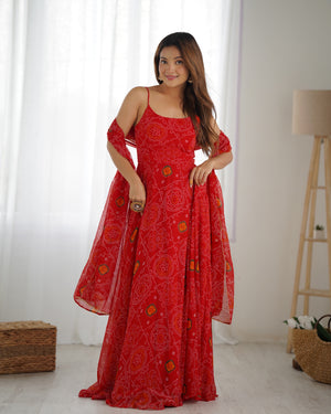 Soft Lightweight Chiffon Bandhej Embroidered Gown Set – Red