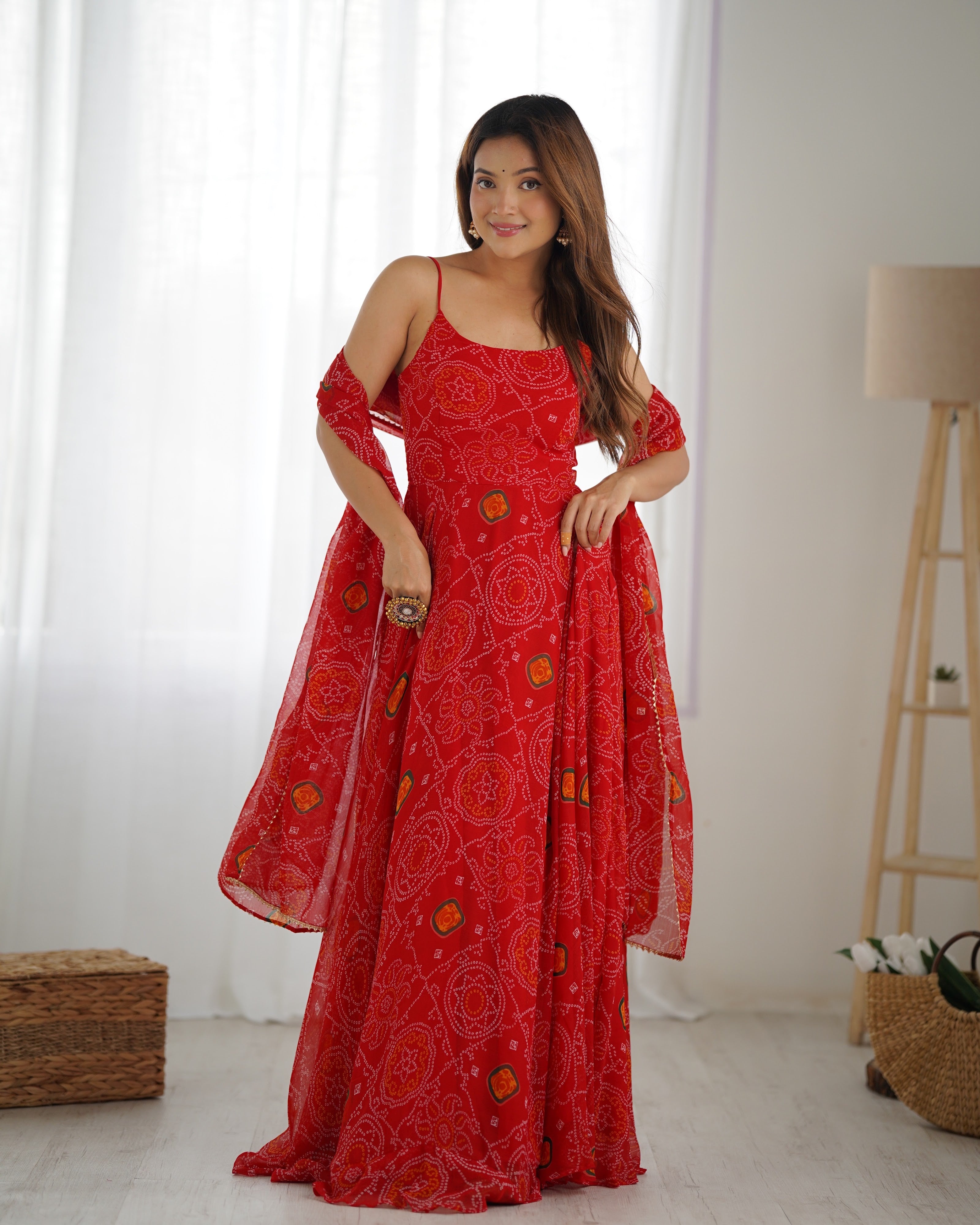 Soft Lightweight Chiffon Bandhej Embroidered Gown Set – Red