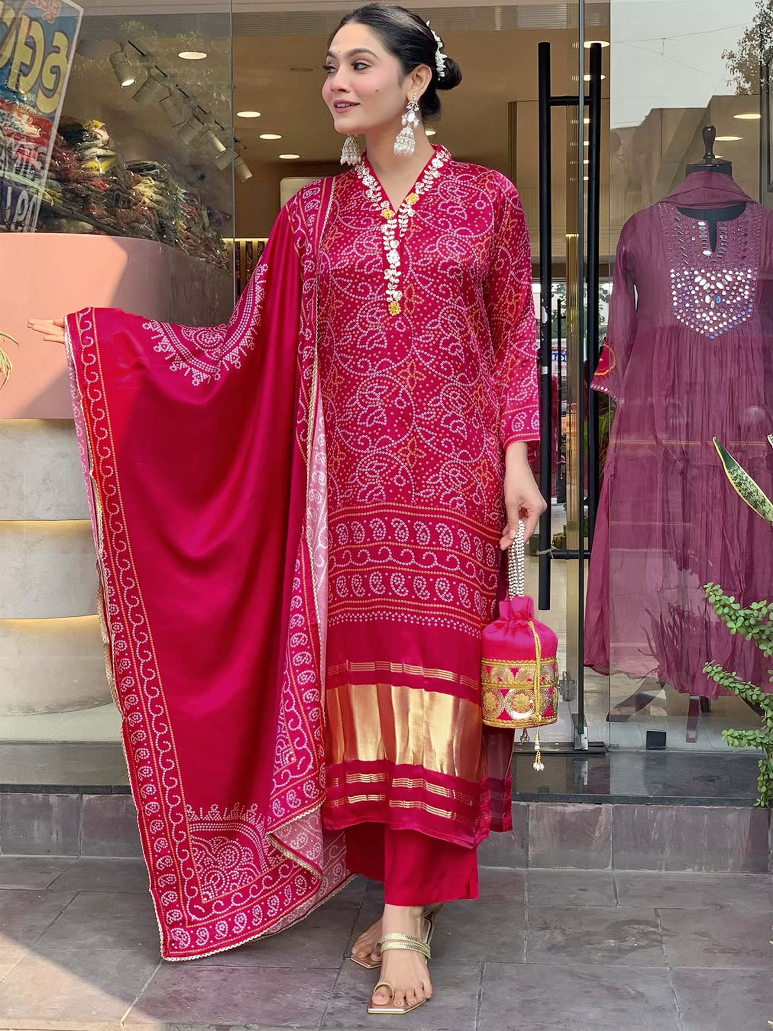 Viscose Silk Embroidered Kurta Pant Dupatta Set – Rani Pink