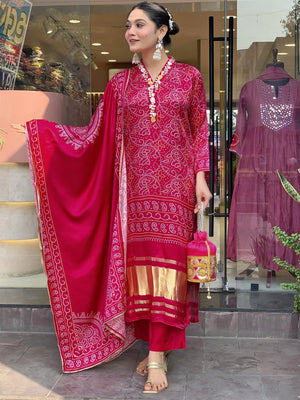 Viscose Silk Embroidered Kurta Pant Dupatta Set – Rani Pink