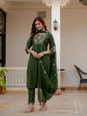 Pure Viscose Mango Silk Embroidered Straight Kurti Set – Green