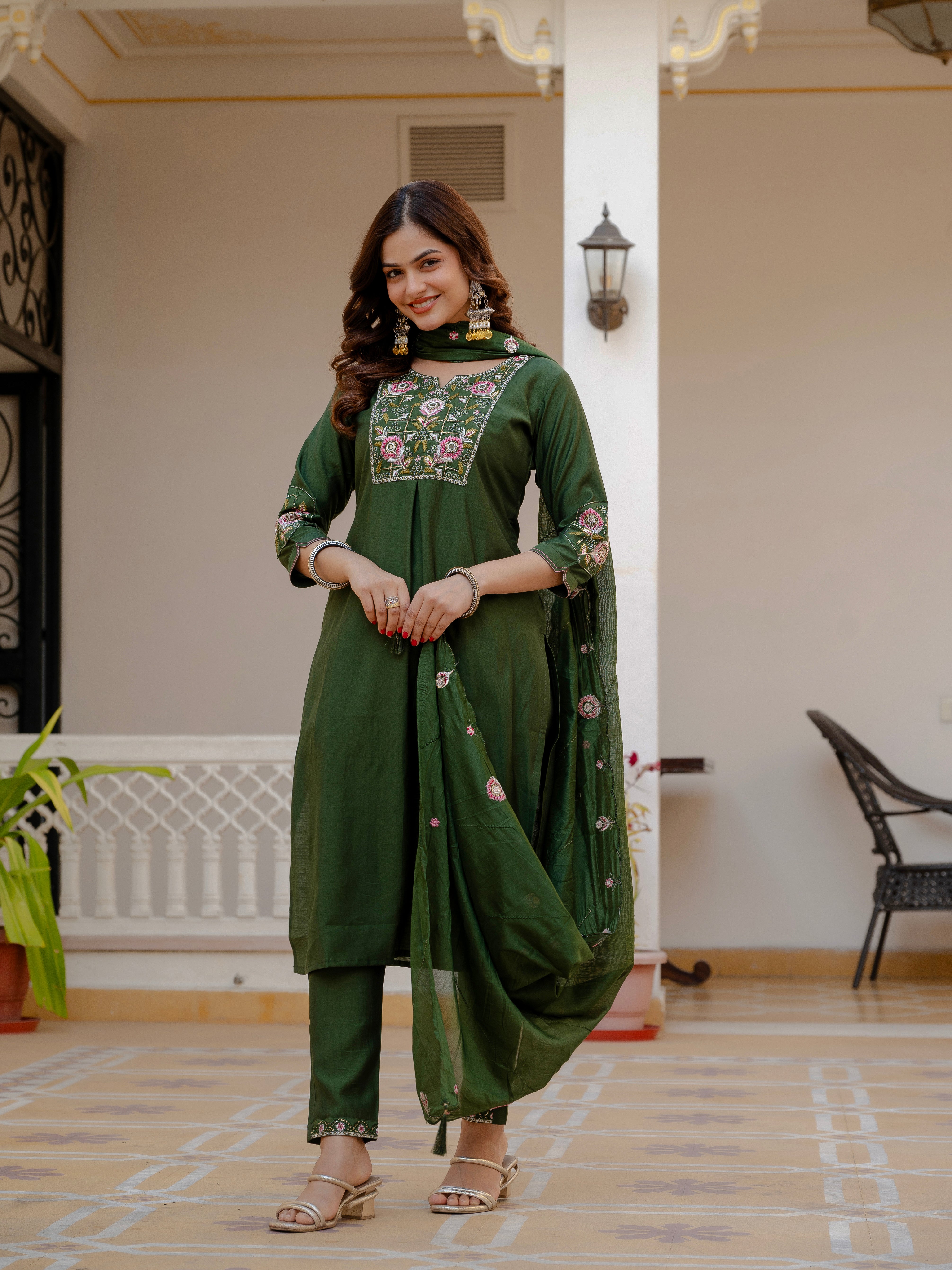 Pure Viscose Mango Silk Embroidered Straight Kurti Set – Green
