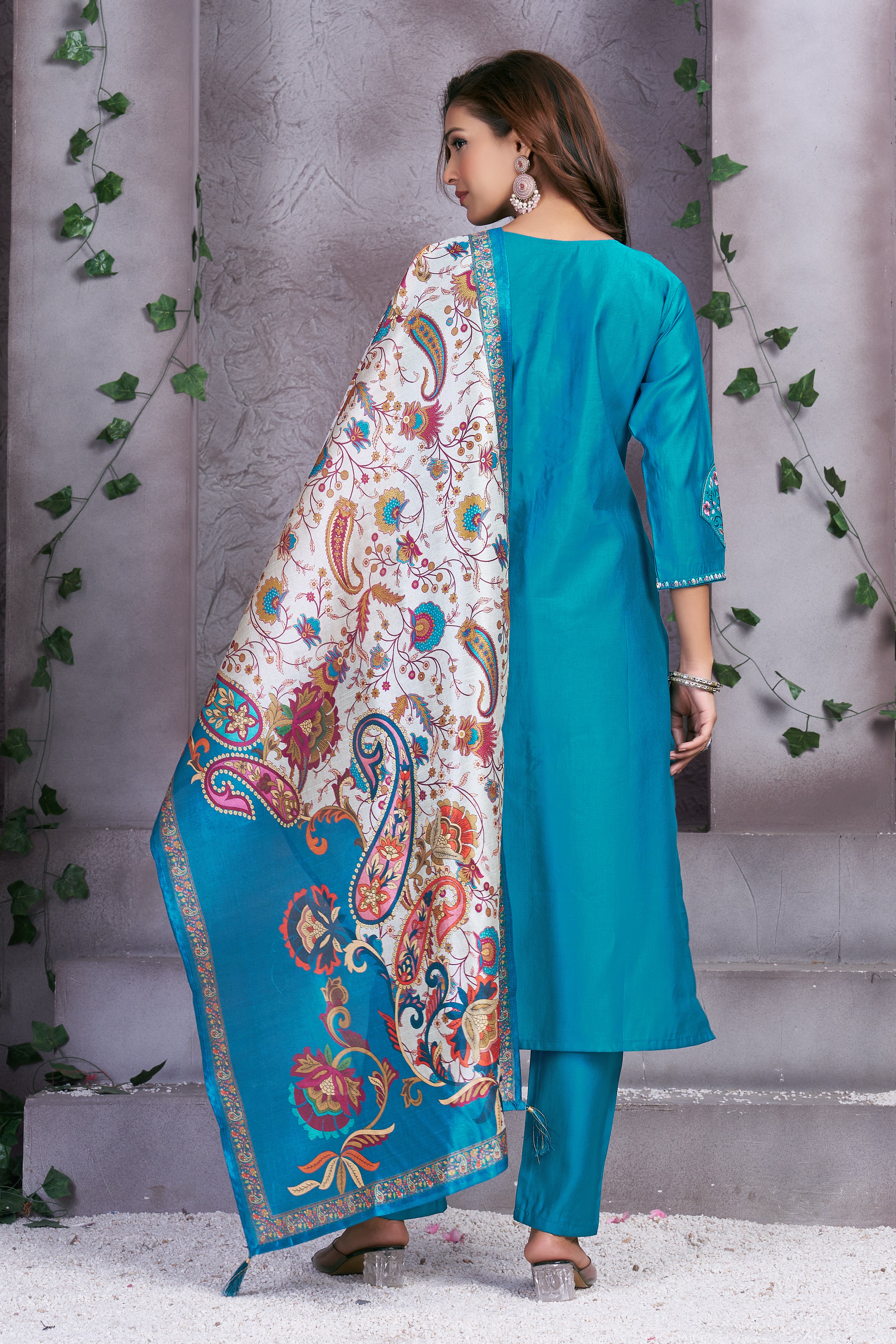 Premium Marina Silk Embroidered Straight Kurti Set – Firozi