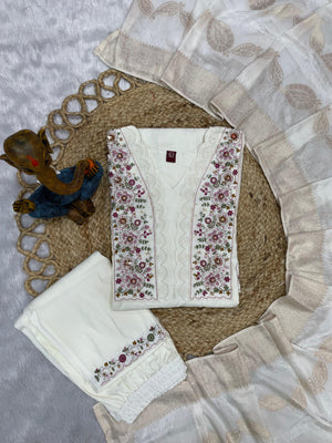 Roman Silk Embroidered Straight Kurti Set – White