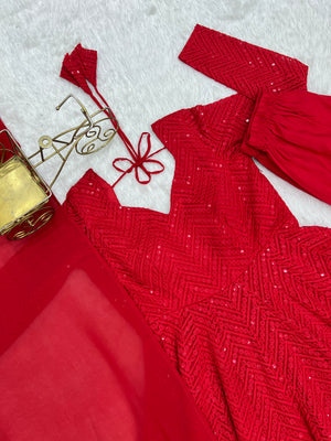 Georgette Embroidered Anarkali Set – Red
