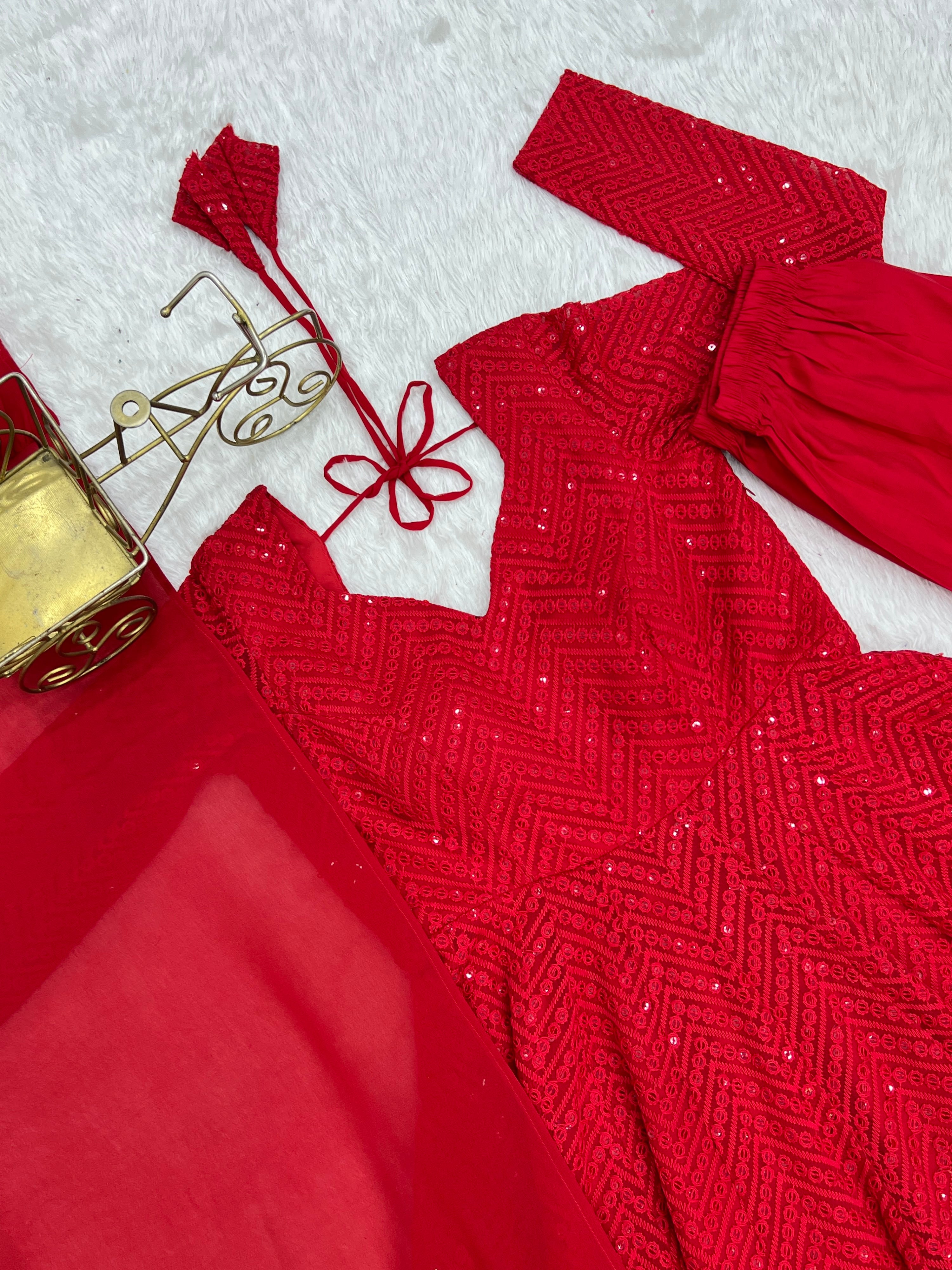 Georgette Embroidered Anarkali Set – Red