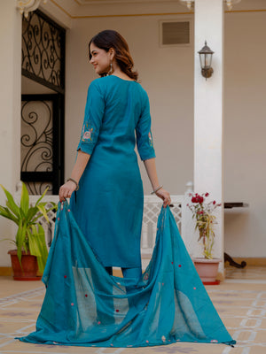 Pure Viscose Mango Silk Embroidered Straight Kurti Set – Firozi