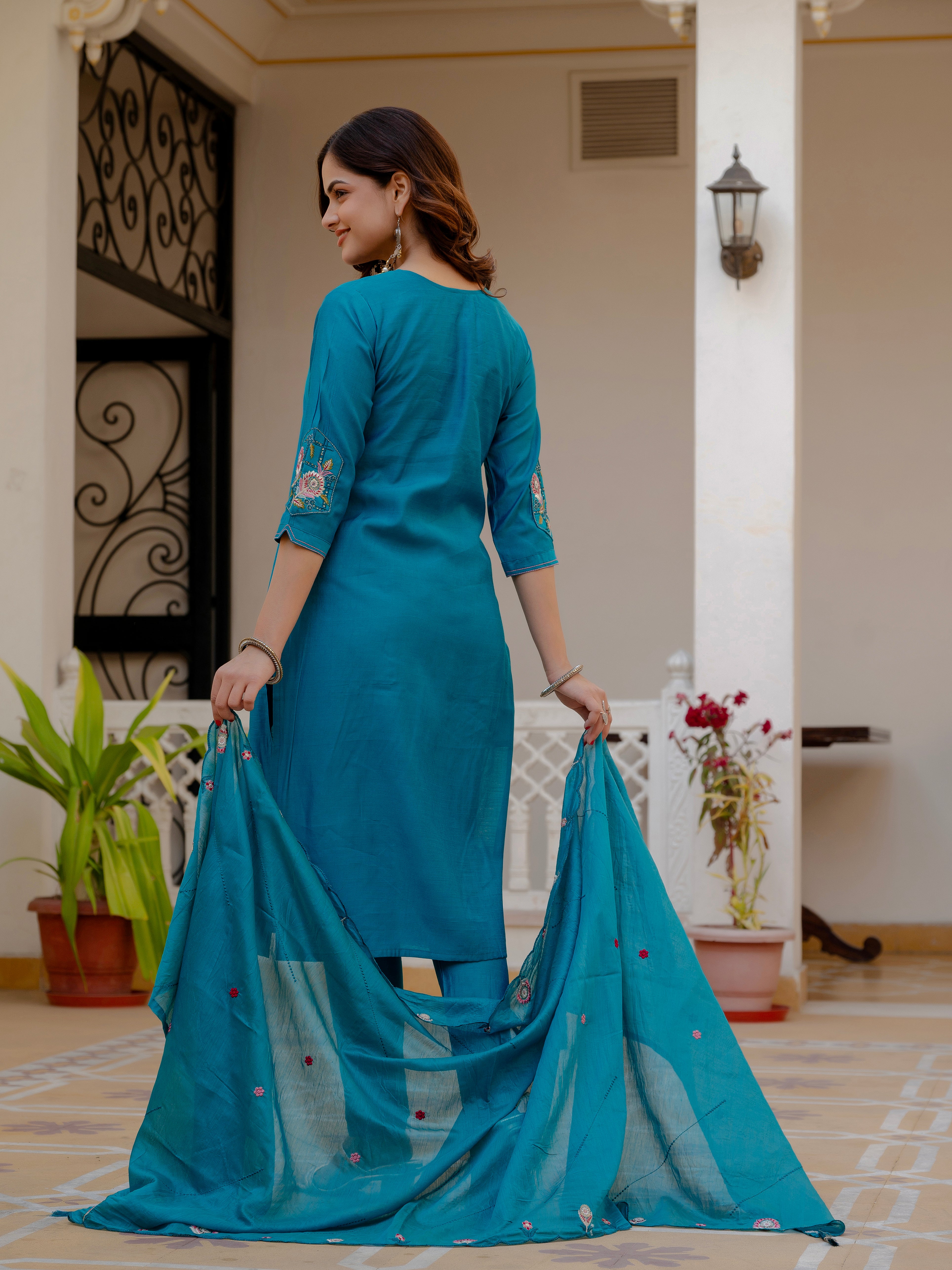 Pure Viscose Mango Silk Embroidered Straight Kurti Set – Firozi