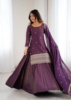 Roman Shimmer Silk Embroidered Top Set – Purple